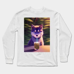 Siberian Husky with boba bubble tea Long Sleeve T-Shirt